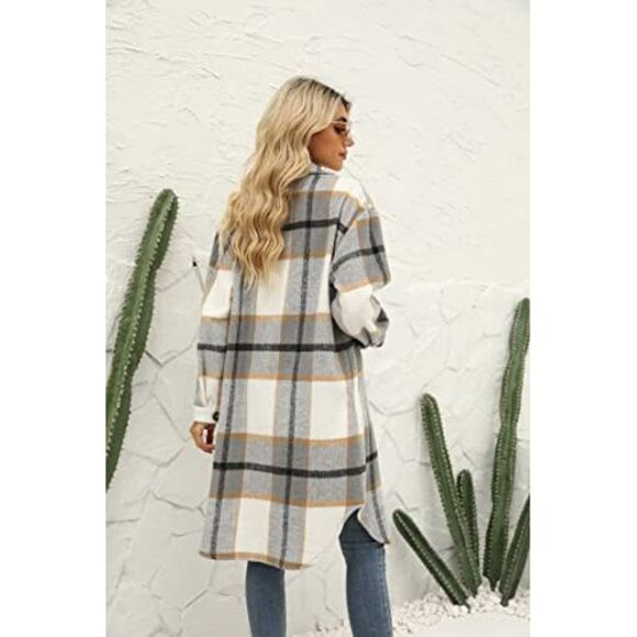 SeekMe Tops - SeekMe Women's Plaid Brushed Wool Shacket Flap Pocket Lapel Button Down Long